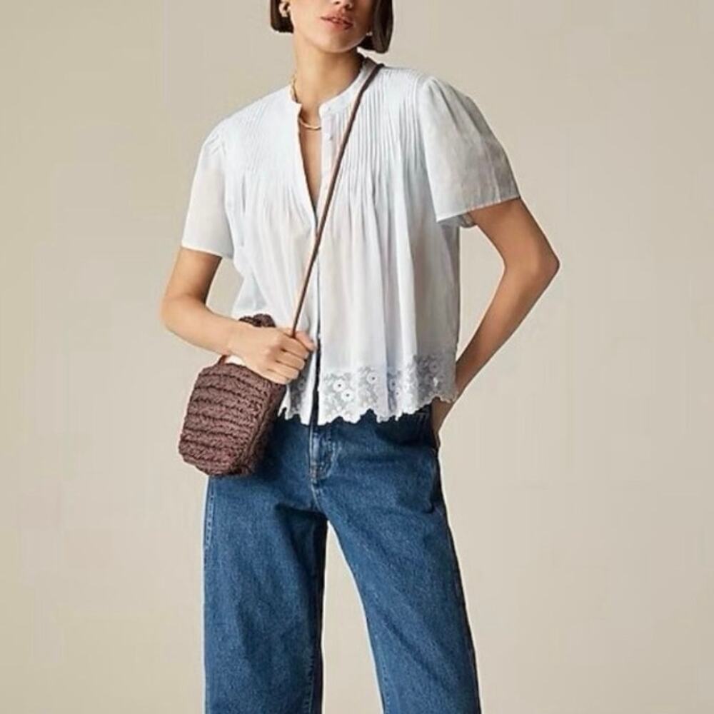 NWT J.Crew Lace-Trim Embroidered Pintuck Top In Cotton Voile Glacier Blue Small